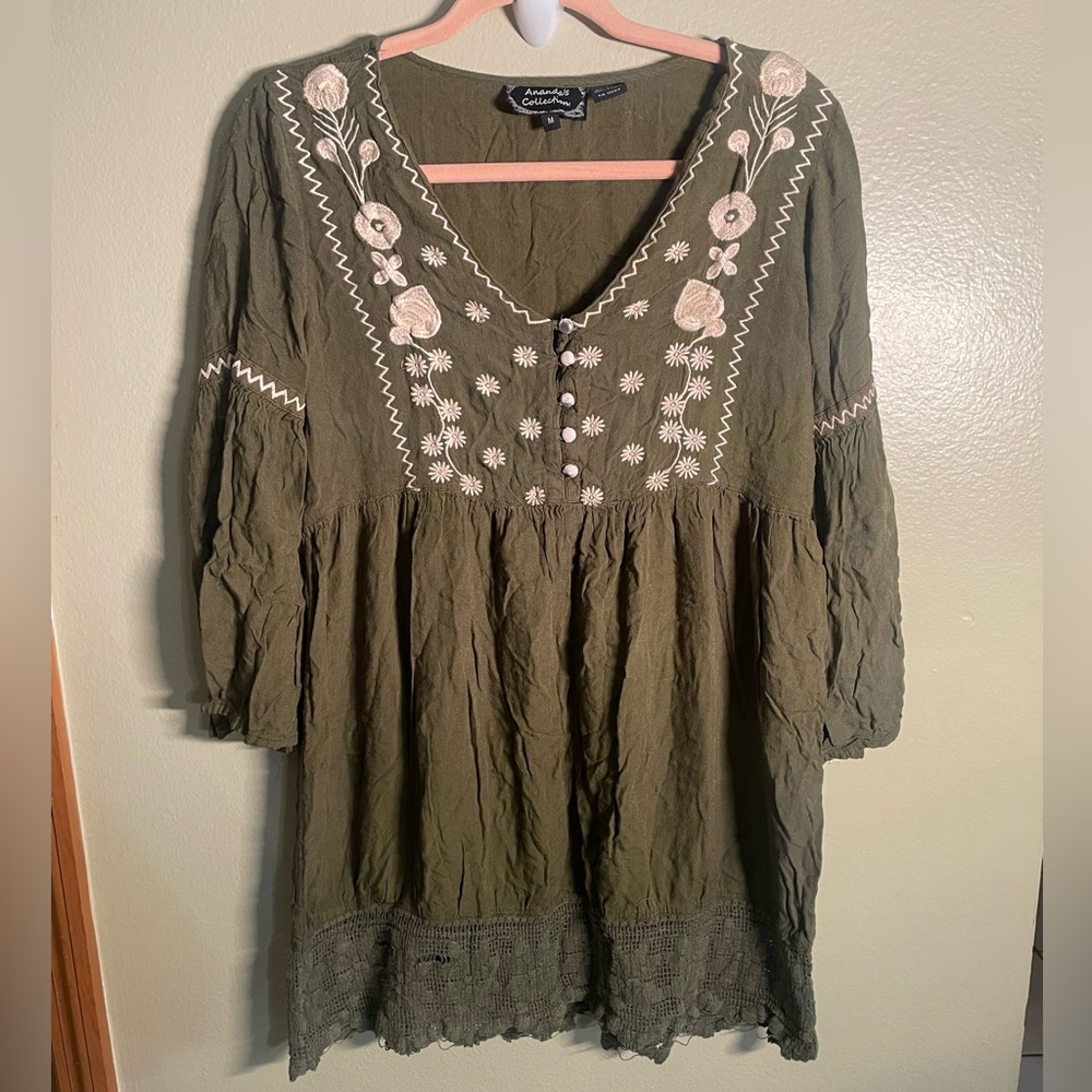Women’s Tunic Shirt Size m Olive Green Bohemian Gypsy Renfest Fairycore